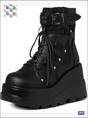 Platform Ankle Boots Chunky High Heel Wedge Goth Round Toe Lace Up Motorcycle
